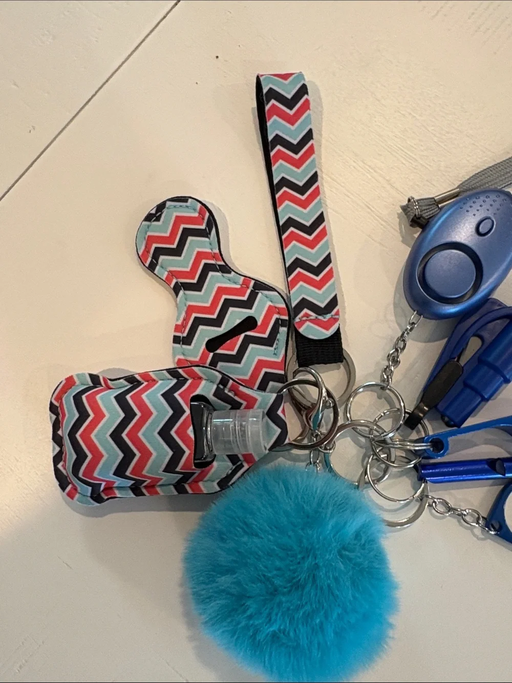 Chevron Women Accessory Keychain Safety Set with Blue Pom-Pom